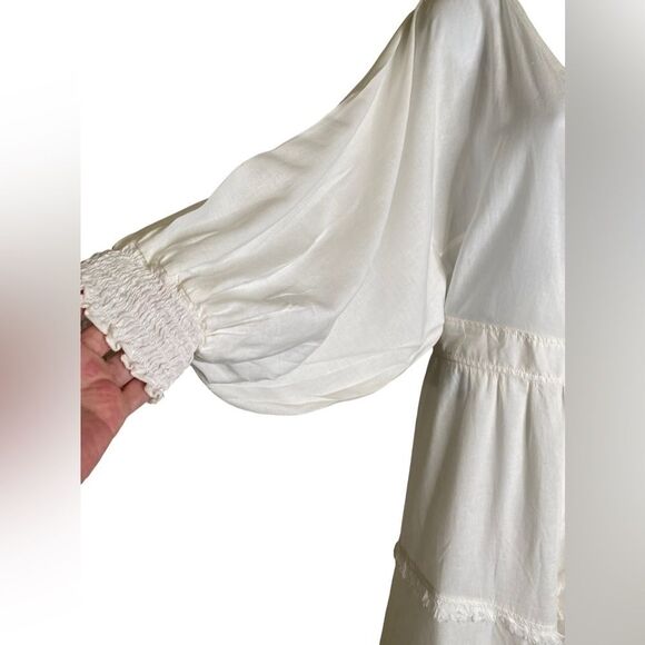 Milla Gauzy SZ Small Semi Sheer Cotton Wrap White Dress Smock Sleeve Frayed Hem - Picture 5 of 8